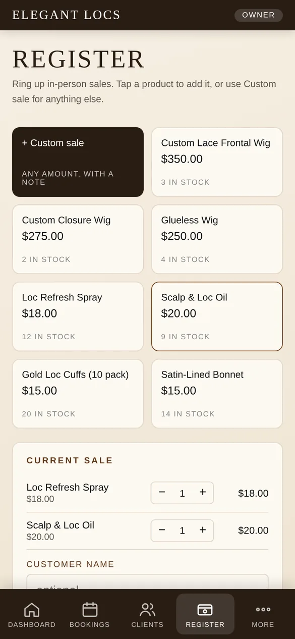 Register with products and current sale